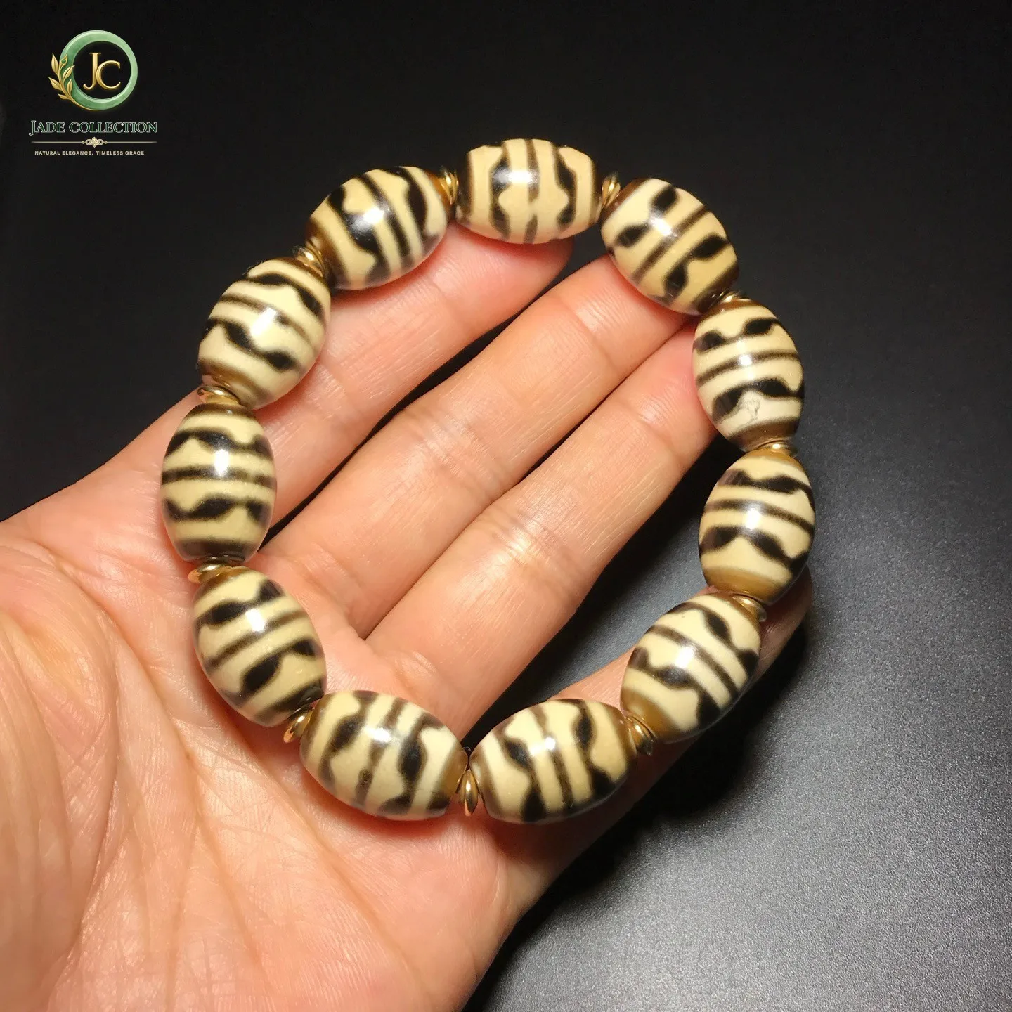 Rare Tibetan Old Agate dZi Tiger Tooth Beads Amulet Bracelet J0414