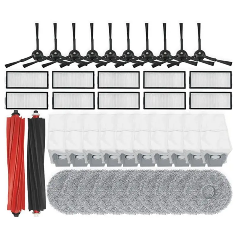 

Запчасти для пылесосов Roborock Qrevo Master, V20, P10S Pro: основная и боковые щетки, HEPA-фильтр, салфетка для влажной уборки, мешок для сбора пыли, аксессуары.