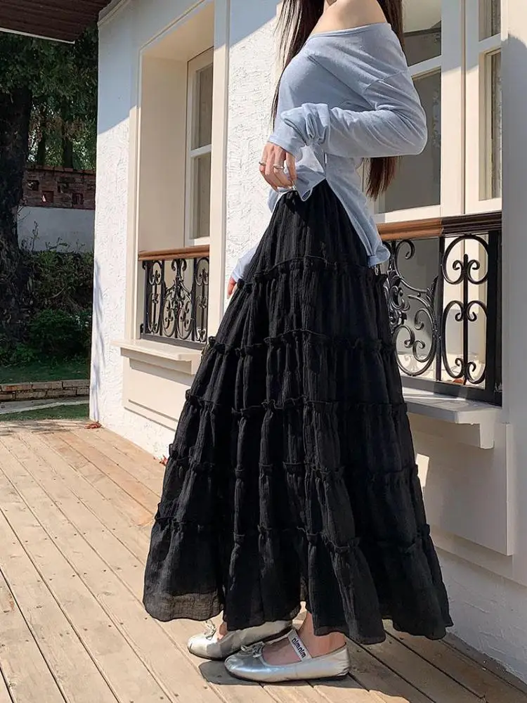 

Spring Summer Black Elegant Holiday Long Skirt Korean Vintage Women White Elastic High Waist Versatile Ruffle Edge Pleated Skirt