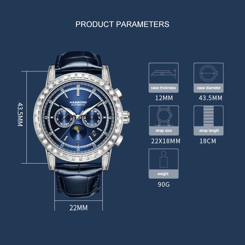 HANBORO Men Luxury Watch 43.5mm Automatic Mechanical Wristwatch Fashion Waterproof Crystal Bezel Week Month Date