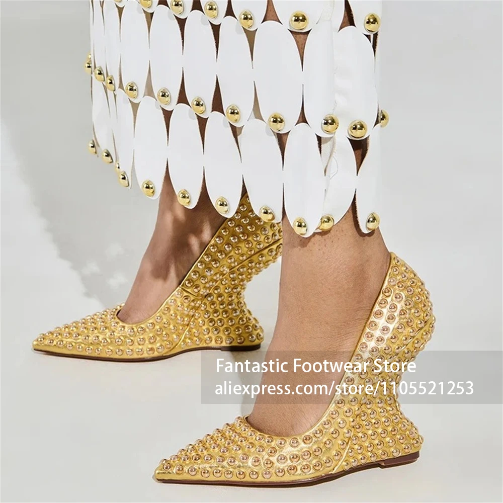 Full Cover Studded Decoration Pump Special Sculpted Wedge Heel Pointed Toe Women Pumps Glitter Bling Ornament Slip On Dress Pump