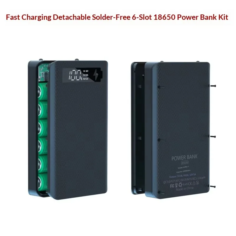6-Slot 18650 Battery Power Bank DIY Kit - Solder-Free Fast Charging with LED Phone Charger - Detachable for Portable Energy Stor