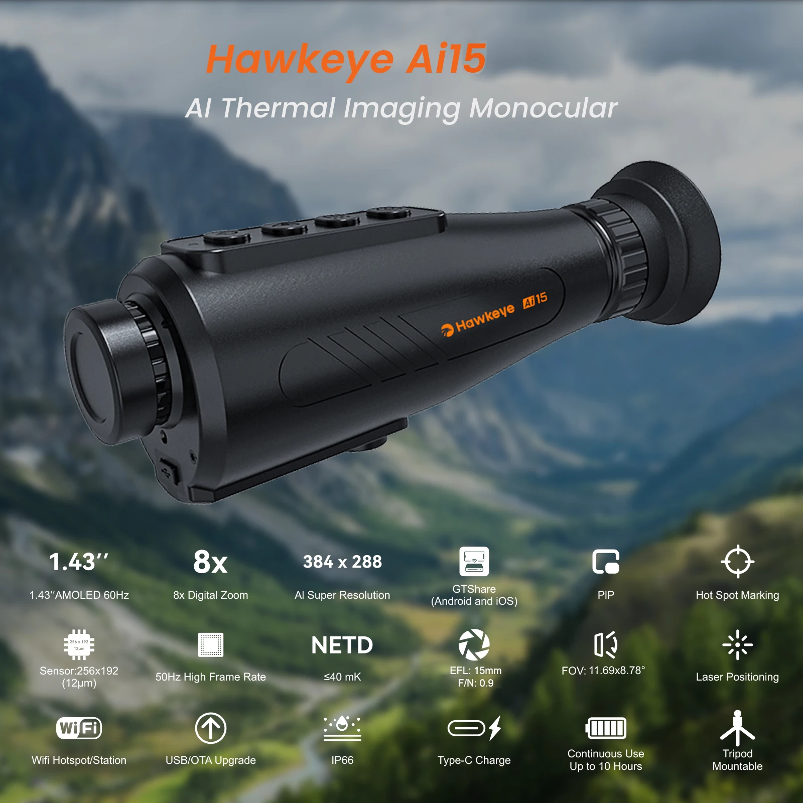 

Тепловизионная камера AI Thermal Monocular - 8-кратный цифровой зум, AMOLED-дисплей 60 Гц, водонепроницаемость IP66, встроенная память 32 ГБ