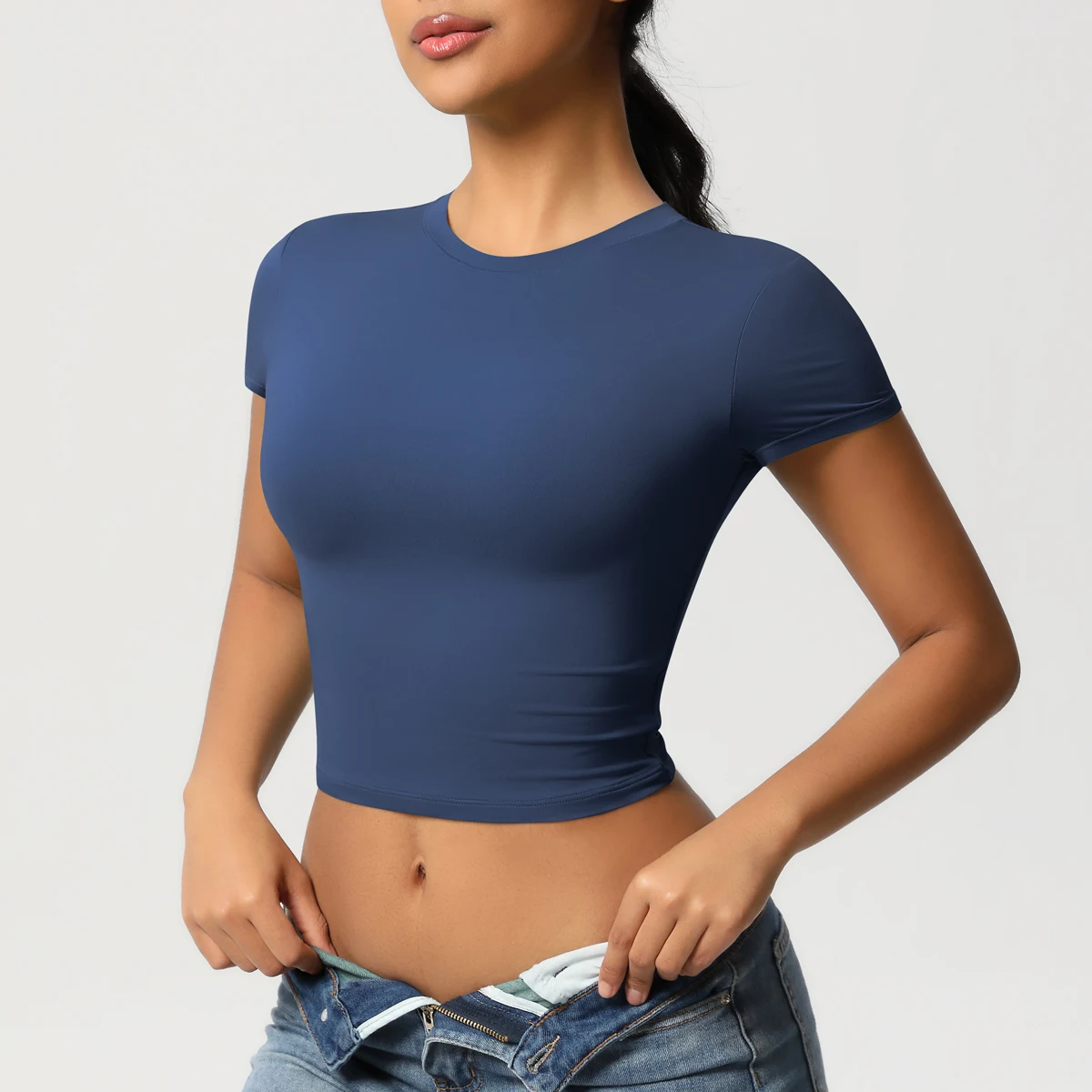 Frauen Sport Shirt Kurzarm Gym Top Workout Kleidung Hohe Elastische Active Wear Femme Lauf Zubehör Fitness T-shirt – Detail 10