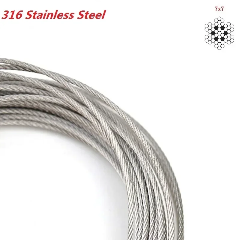 100Meters Steel Wire Rope 316 316L Stainless Steel Fishing Lifting Cable Clothesline 7*7 Structure Dia.0.8/1/1.2/1.5/2/2.5/3MM