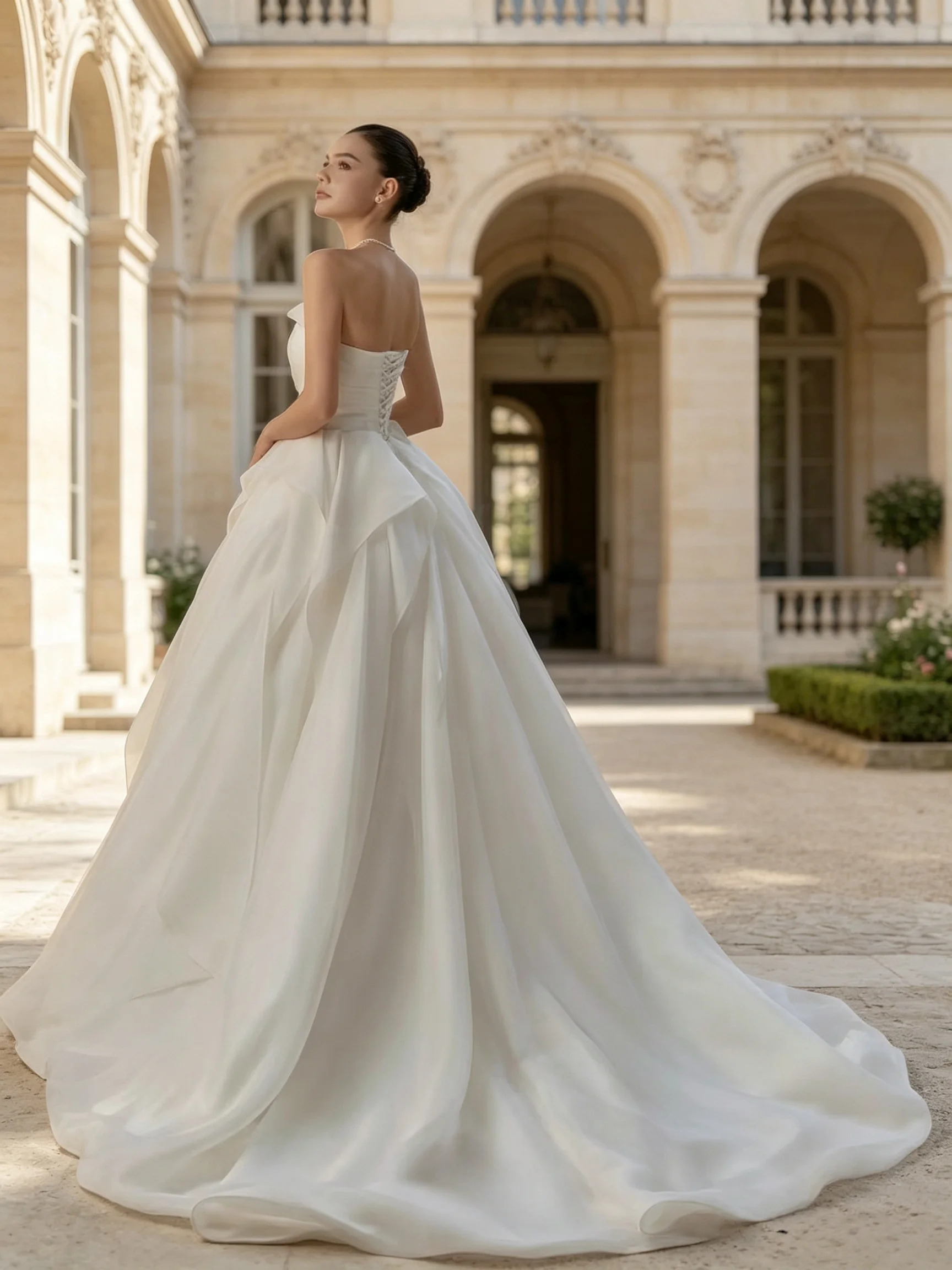 Elegant Strapless Organza Ballgown Wedding Dress Pleated Bodice Large Bow Detail Corset Court Train Custom Size Custom Made