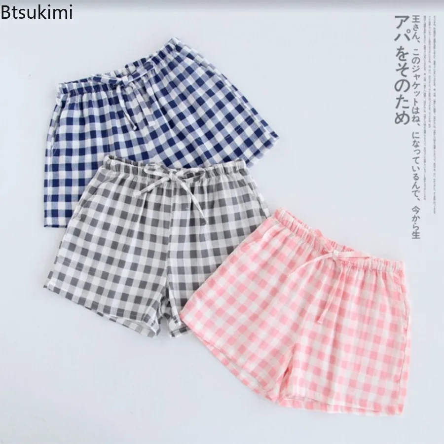 

Couple's Pajamas Spring Summer Cotton Gauze Shorts Japanese Style Simple Elastic Waist Casual Lattice Men and Women Home Pants
