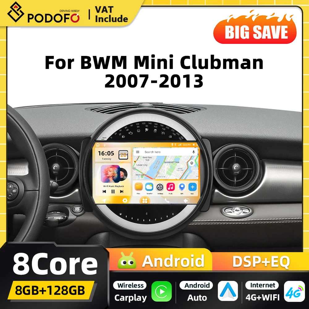 Podofo 8+128G 2din Android Autoradio für BMW Mini Clubman 2007-2013 GPS-Navigation Carplay Android Auto WIFI DSP FM RDS Bluetooth