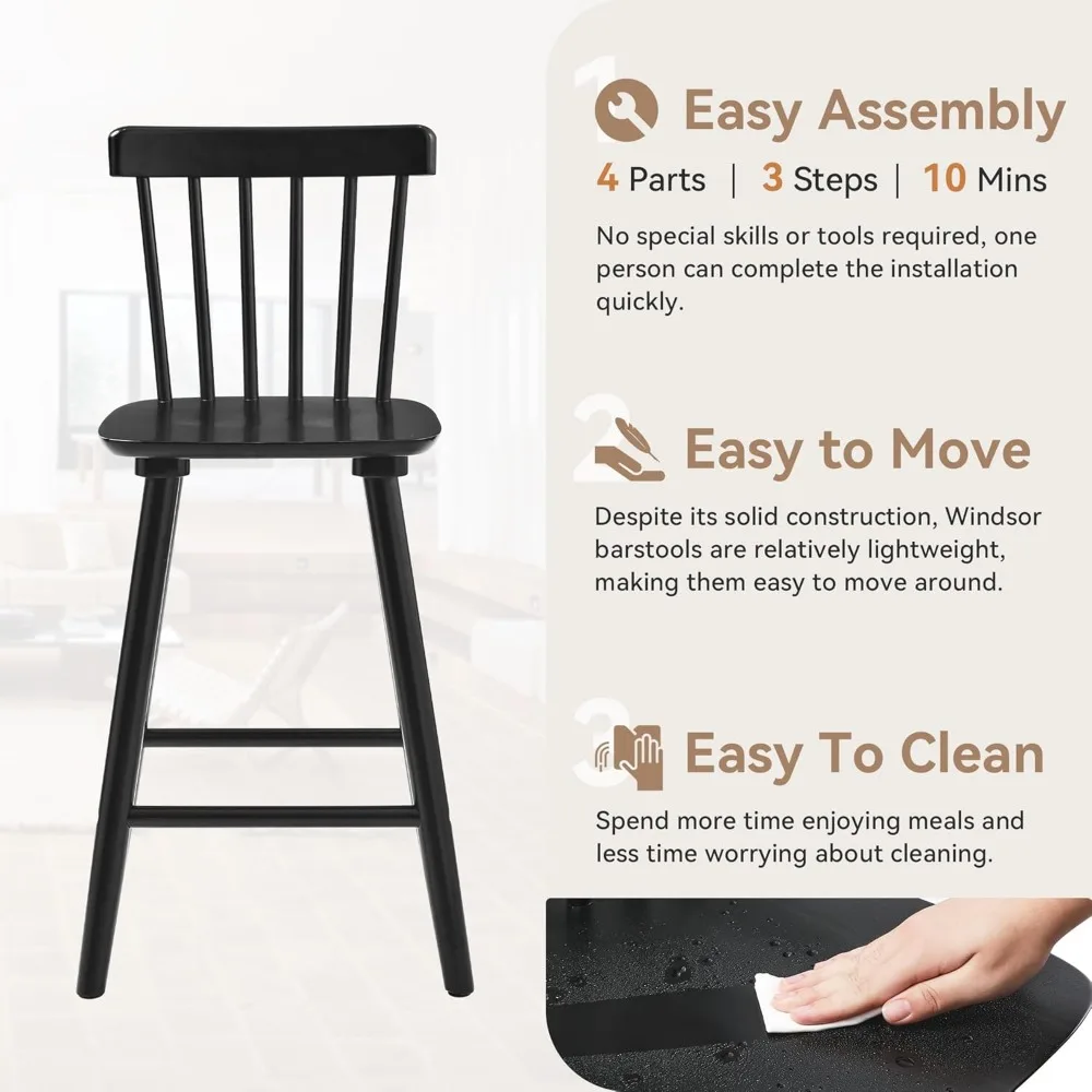 مقعد بار خشبي، طقم مكون من 3 قطع، ارتفاع مضاد 24 بوصة، كرسي مقعد مع مسند ظهر مغزلي #5