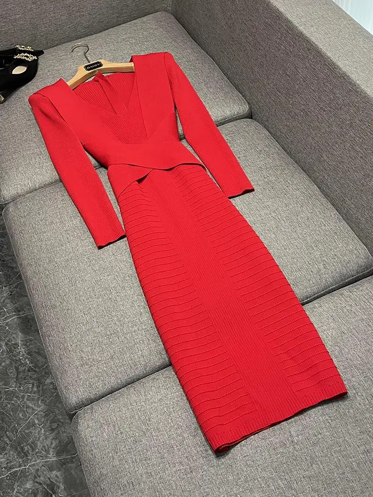 

Женское трикотажное платье Ele Slimming Long Dr с V-образным вырезом, премиум-качество, для работы и повседневной носки, модель B902