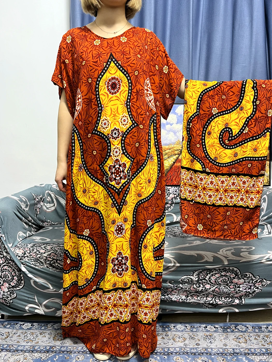 Muslim Abayas For Women 2023 Summer Print Floral Cotton Femme Robe African Islam Turkey Woman Traditional Dresses With Headscarf