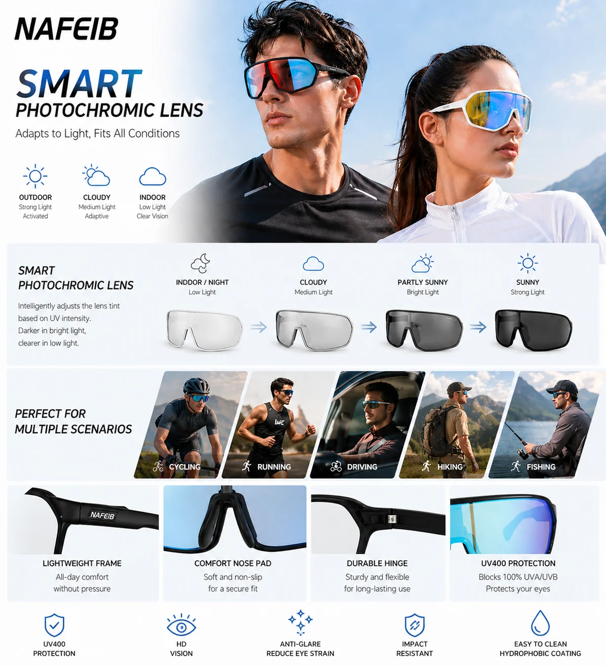 Photochromic Sunglasses for Men Cycling Glasses Cycling Mountain Bike Glasses and Women Casual Hiking Eyewear Windproof
