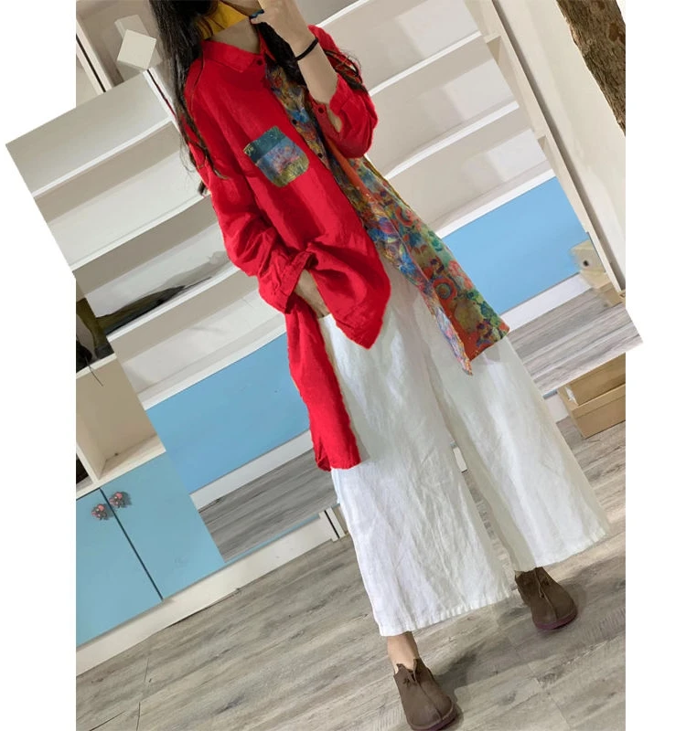 

Женский асимметричный хлопково-льняной комплект с ретро-принтом, свободный комплект из двух предметов, осенний сезон, удобный воротник с длинным светом