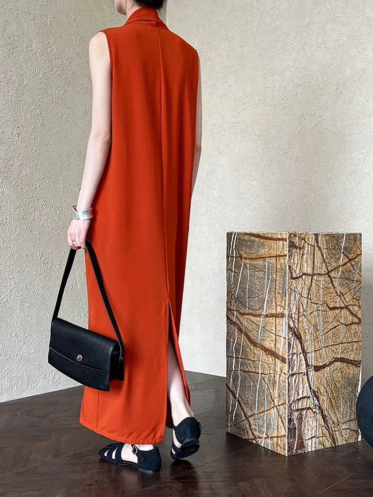 [EAM] Women Orange Pocket Knot Elegant  Long Big Size Dress New V-Neck Sleeveless Fashion Tide Spring Summer 2024 1DH6380