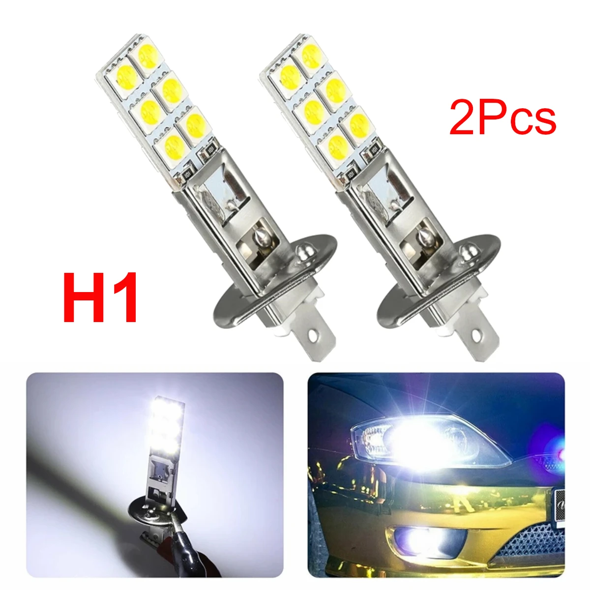 

2 шт., светодиодная лампа H1, передняя лампа 5050, 12SMD, 24 Вт, 5000K, супербелая, для автомобиля, мотоцикла, велосипеда