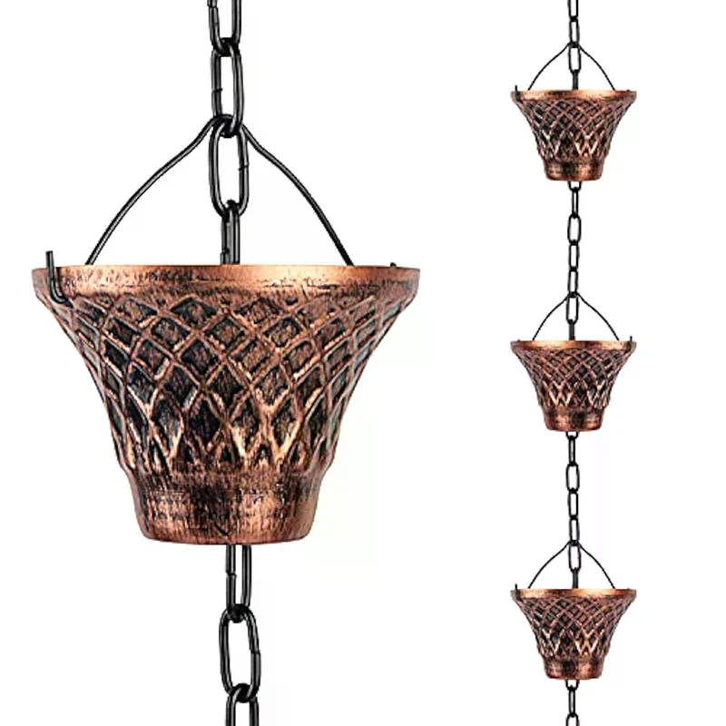 Metal Rain Chains, Gutter Downspouts Diverter Outdoor Copper Plaid Rainwater Extensions, 12 Cups