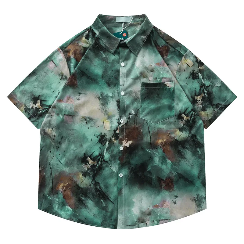 

Men's Fashion Tie Dye Shirt Summer Short Sleeve Oversized Hip Hop Shirt Loose Fit Hawaii Tops Printed Baggy