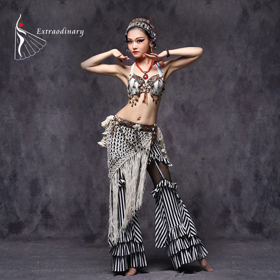 Tribal stroje do tańca brzucha Vintage monety biustonosz pas z frędzlami spodnie damskie Tribal Top odzież strój Sexy Embroid Gypsy