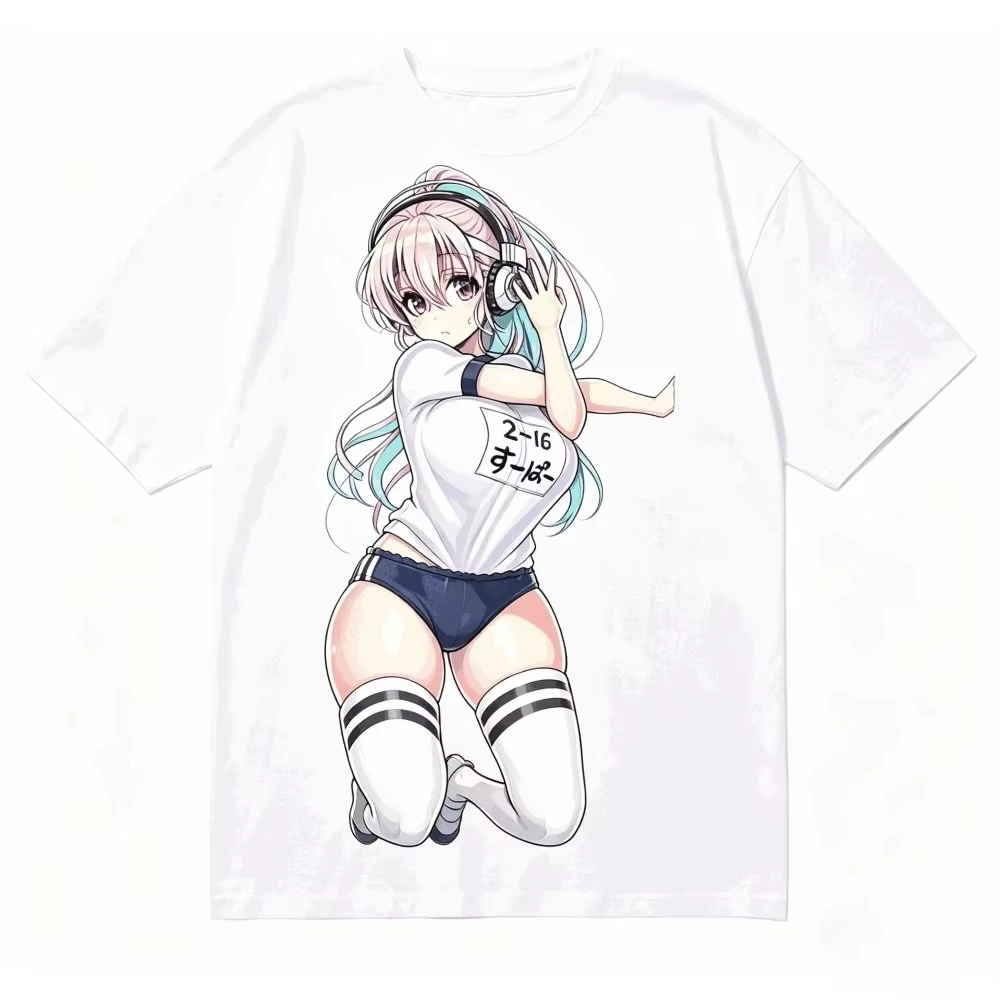 Unisex Loose Crew Neck Short Sleeve T-shirt with Super Sonico Anime Graphic, Vintage Washed Manga Merchandise T-shirt