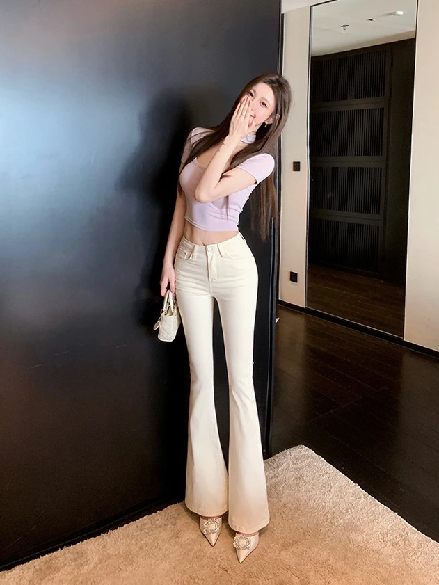 

High Waist Flared Jeans Women's Slim Fit with Heart ket Self-Breasted Hip Enhancing Korean Sle Pure Desire Waist appling