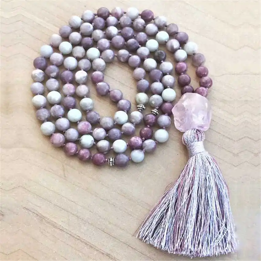 

Natural Lepidolite & Rose Quartz Mala Beads Necklace 108 Beads with Raw Rose Quartz Pendant & Lavender Tassel Healing Crystal