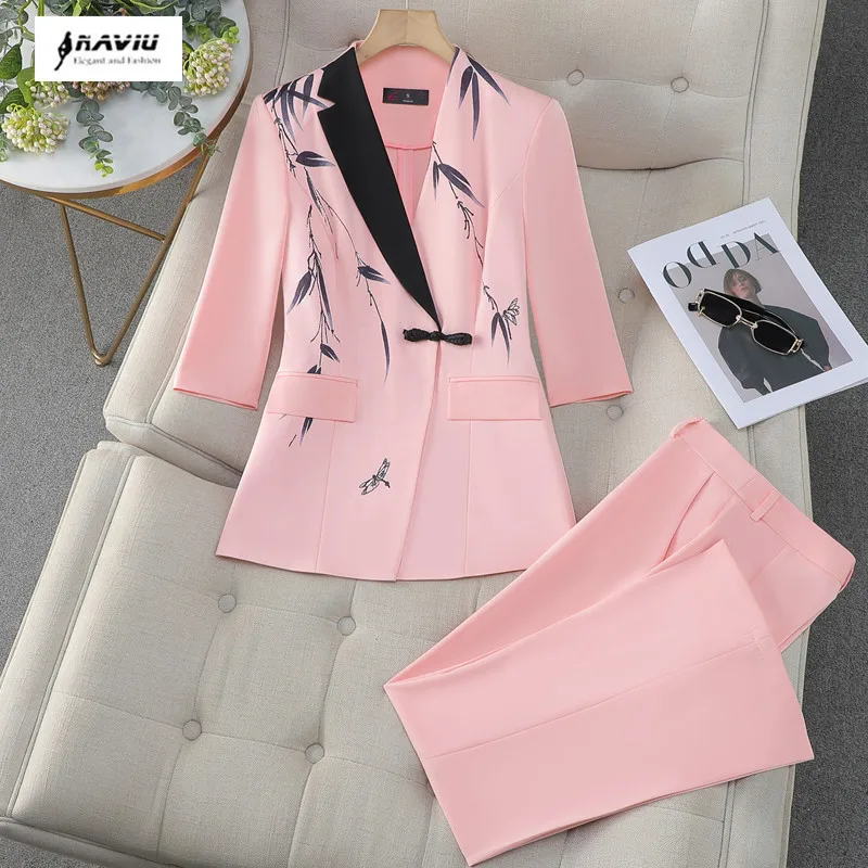 

NAVIU Ladies Print Flare Pants Suits Women Spring Summer New Women Professional Office Ladies Jacket Two Piece Suit Pink White