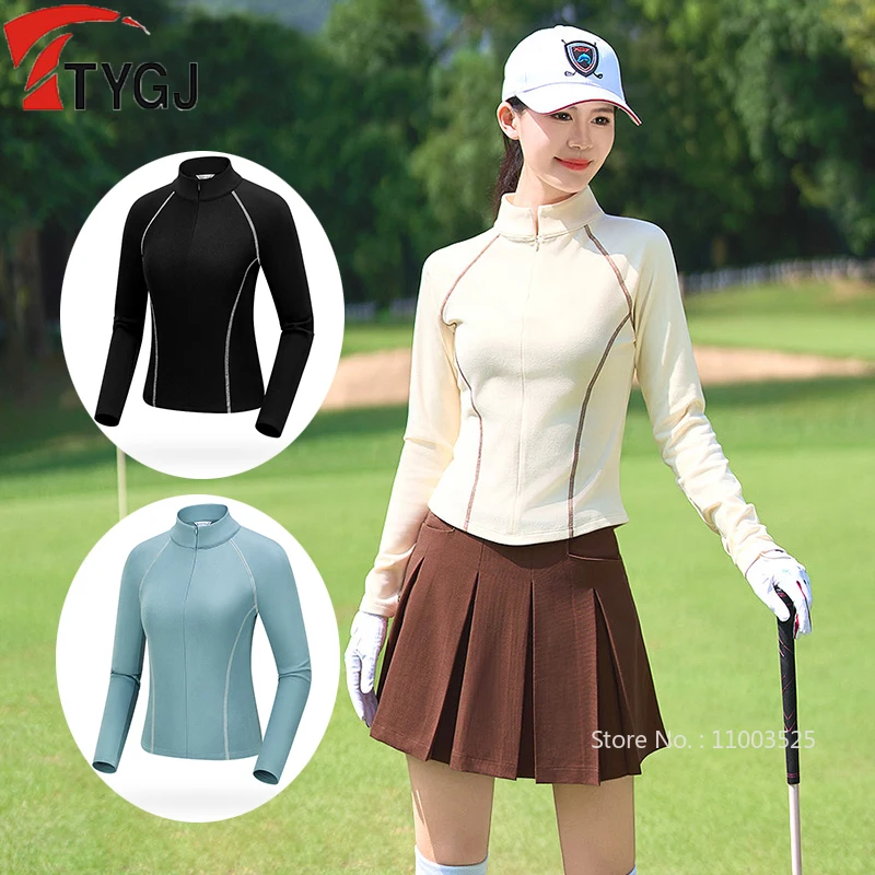2025 TTYGJ Winter New Golf Clothing Women's Long Sleeve Fleece Warm Shirts Zipper Stand Collar Golf Tops Windproof Thick Blouse