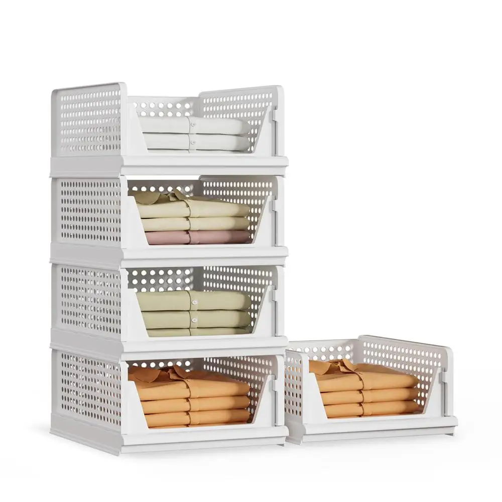 5-Pack Stackable Plastic Storage Basket Closet Organizer Bins Drawer Shelf Container Clothes Toys Snacks Files Bathroom Kitchen