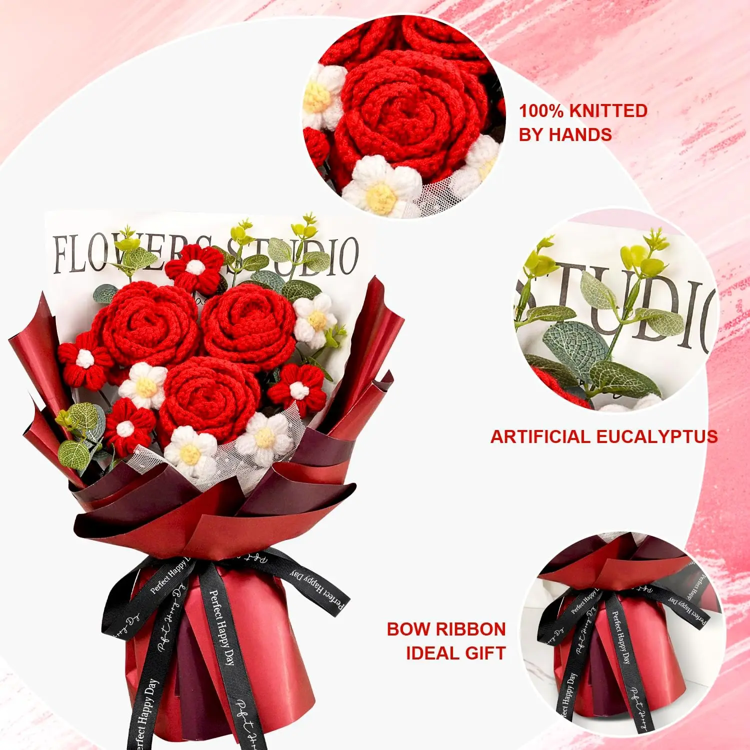 Handgefertigter gehäkelter roter Rosenblumenstrauß, gehäkelte Blumensträuße zum Muttertag, Valentinstag, Jahrestag, Geburtstagsgeschenk – Detail 2
