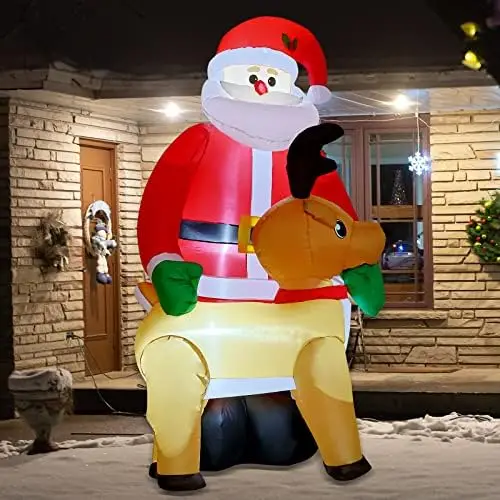 8-foot (2.8m) Inflatable Santa Claus Reindeer for Outdoor Winter Garden Lawn Decoration Built-LED Lights for Christmas