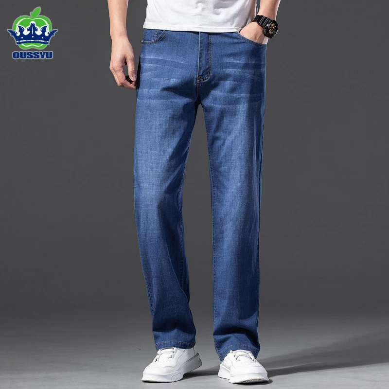 

High Quality Stretch Men's Jeans Straight Loose Summer Cotton Thin Classic Wide leg Pants Casual Trousers Plus Size 40 42 44 46