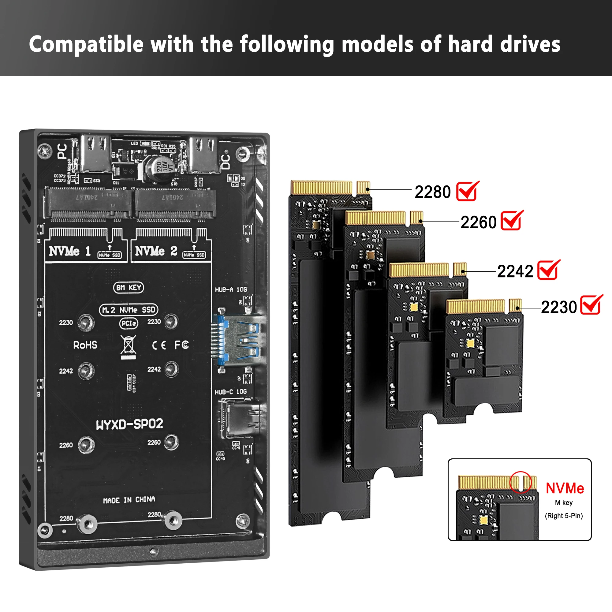 Dual Protocol M.2 SSD Case PCIe NVME HDD Docking Station  USB3.2 GEN2 10Gbps Solid State Drive Enclosure Adapter for PC