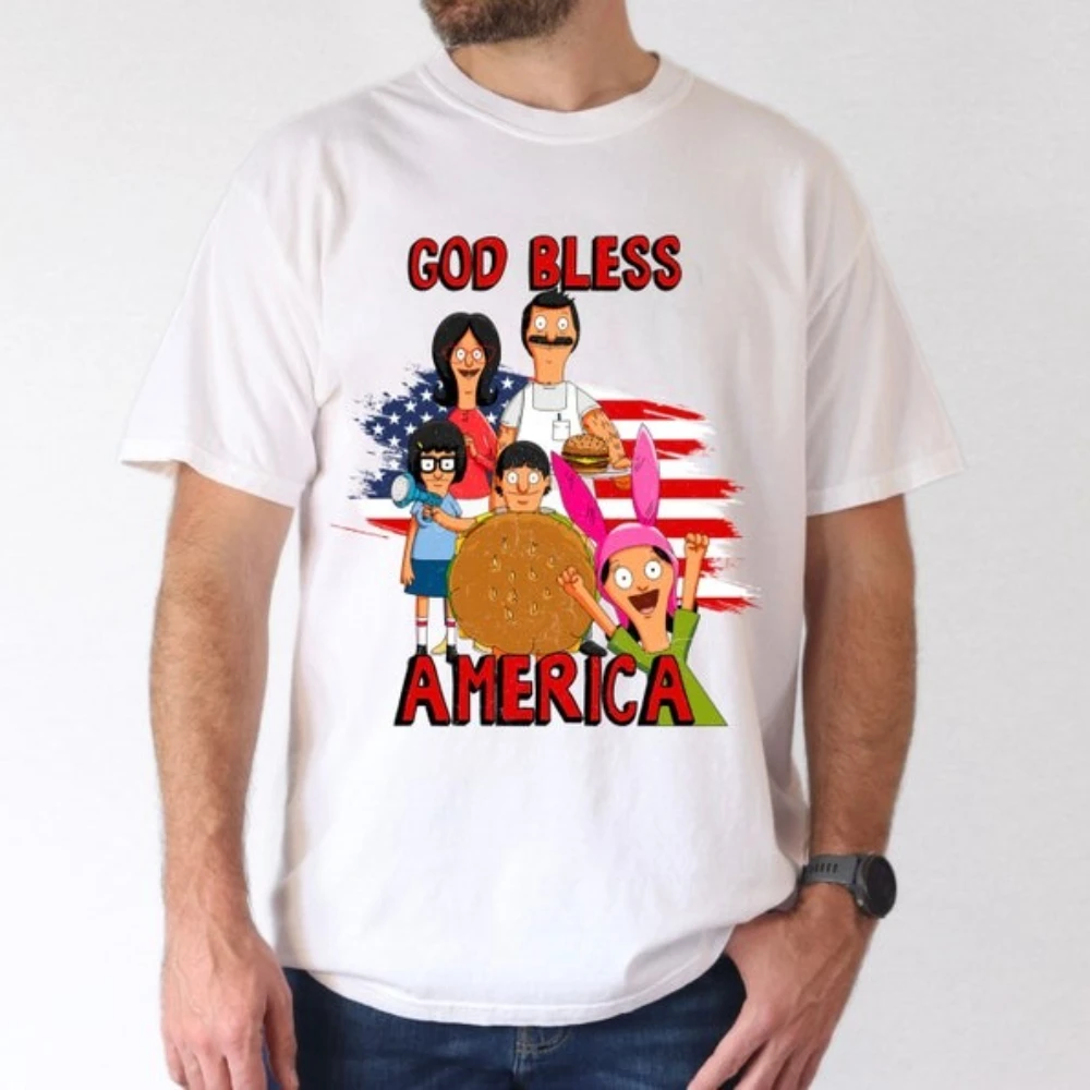 

Винтажная футболка с героями мультфильмов God Bless America Bob's Burgers, 4 июля, хлопковые футболки с рисунком Боб-Бранс, женские и мужские хлопковые футболки с рисунком Camisetas