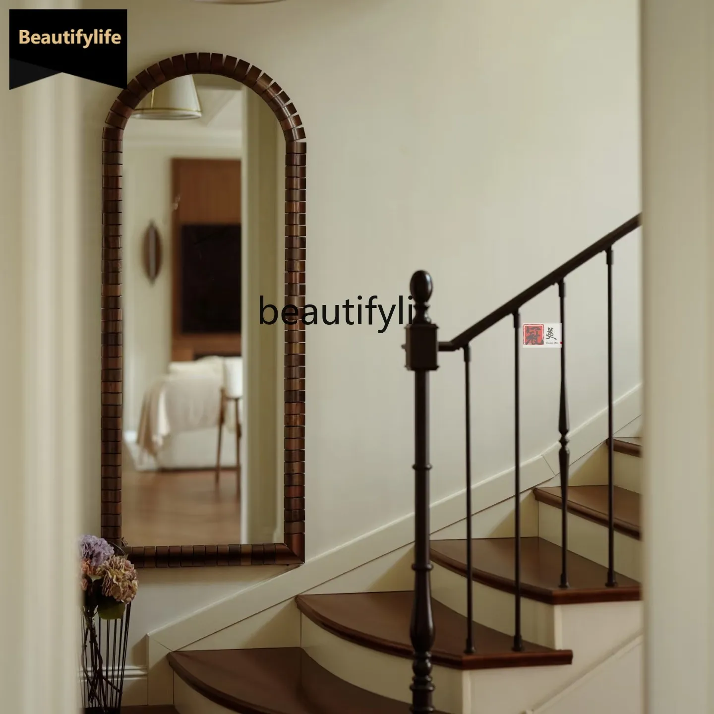 

C06 French Retro Vintage Bedroom Floor Mirror American Wall-Mounted Arch Dressing Mirror American Living Room Fitting Mirror