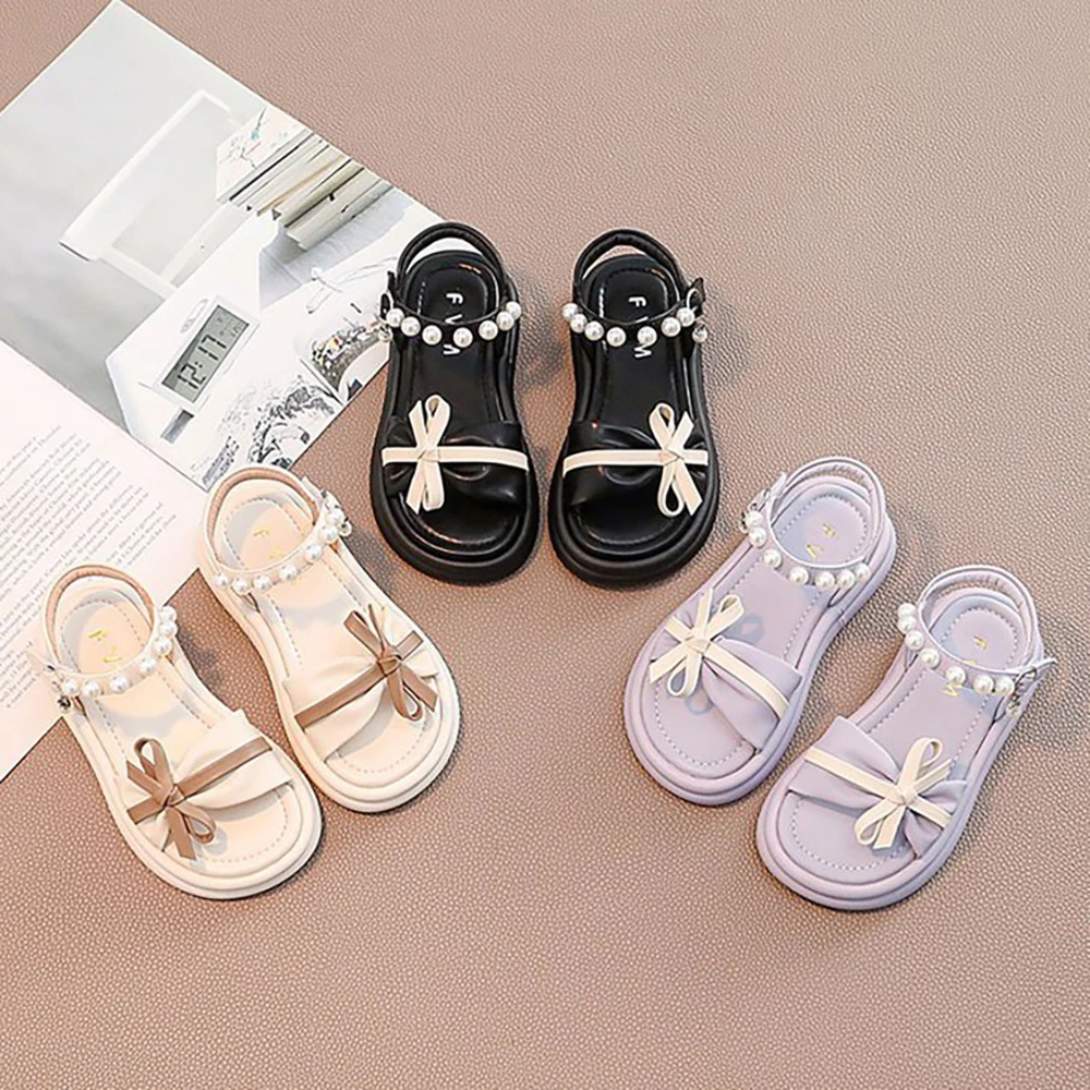 Summer Princess Sandals For Girls Korean Style Pearl Bow Children's Party Shoes Soft-soled Waterproof Beach Sandals For Girls