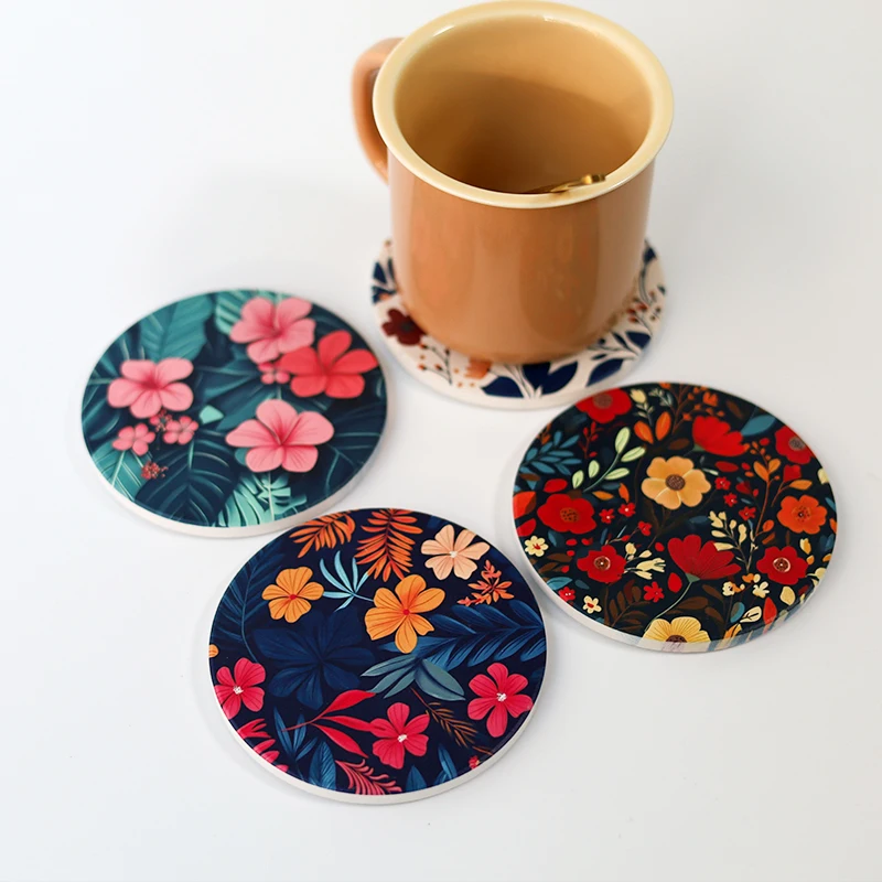 

1/4PCS Flower Coasters Ceramic Wooden Anti-slip Absorbent Pad Drink Cup Mats Heat Insulation Kitchen Item Accessories Decoration