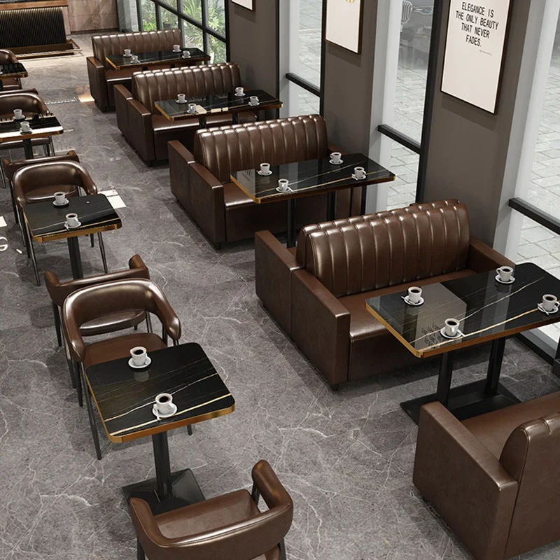 Retro-style PU Dining Booth Cafe Bar Table Chair Set 1.8m Sofa Long Table Four Chairs Customized U-shaped Semi-circle Booth Seat