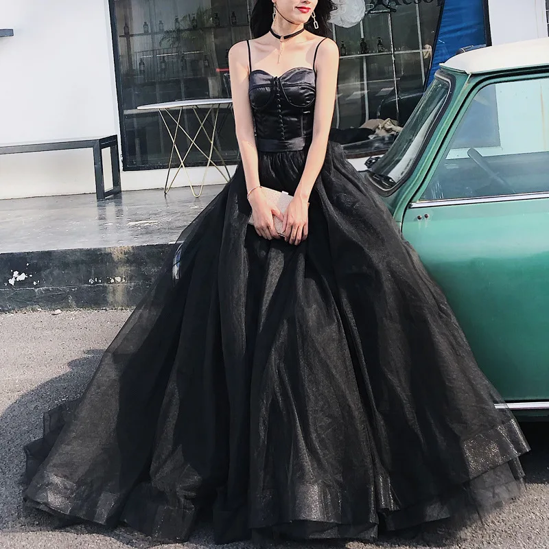 Elegant Simple Black Evening Dress Spaghetti Straps Sweetheart Neck Party Gown A-Line Lace Up Back abendkleid 2024 Sweep Train