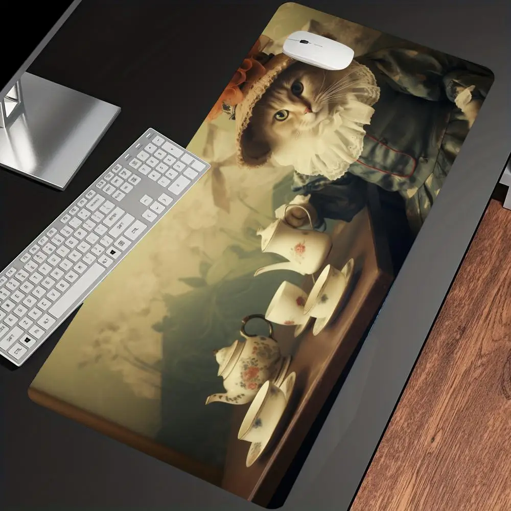 

Retro-elegant cat drinking coffee Mouse Pad Desk Mouse Cute HD Desk Pad Extended Gaming Keyboard Mats Large Gamer Mousepad