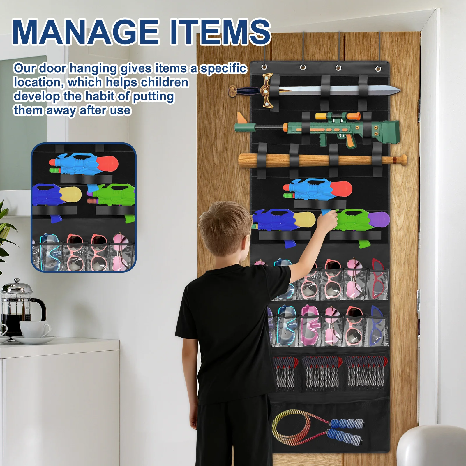 Über der Tür Organizer für Spielzeug, platzsparende Spielzeug-Aufbewahrungstaschen mit 16-Taschen und Schlitzen für Kinderzimmer, Spielzimmer