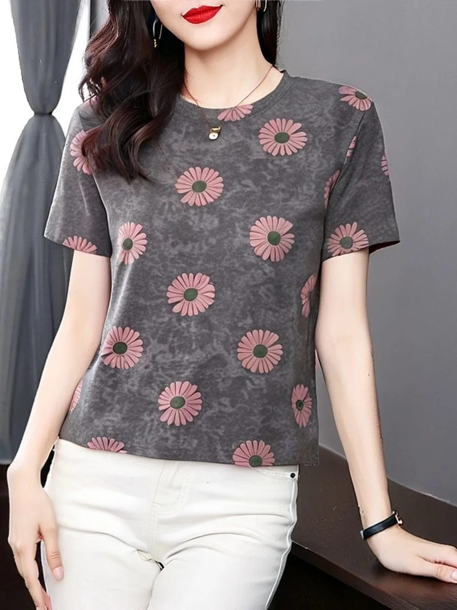 

Fashionable Short Sleeve T-Shirt for Mom Print Design Loose Slimming Top for Middle-Aged And Elderly Women Spring 2026 New Ar...