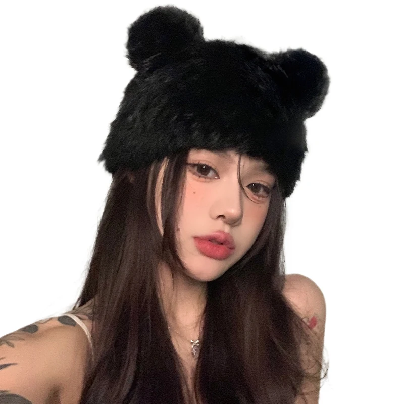 Korean Black Bear Ears Rabbit Fur Hat Cute Plush Wrap Head Cap Cold Warm Fur Caps