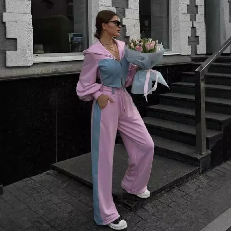 2025 estilo europeu e americano moda casual hoodie denim retalhos com capuz superior calças compridas conjunto de duas peças roupas femininas