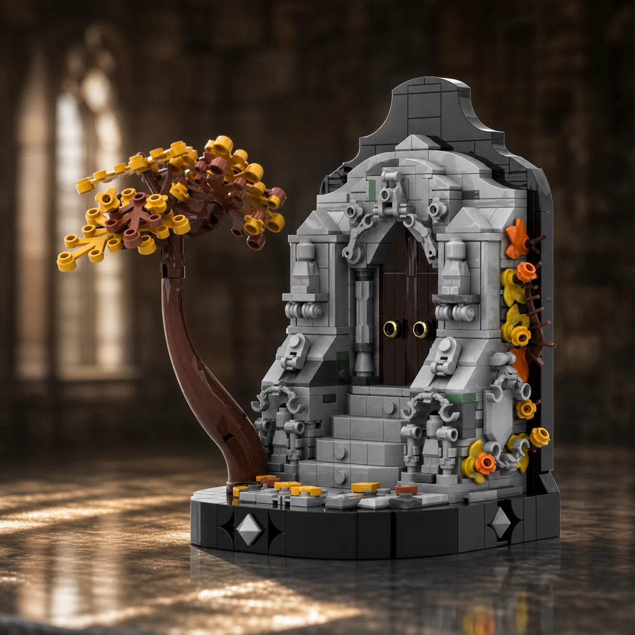 

MOC Gothic Architecture Bookend Building Blocks Ancient Gate Model Autumn Tree Bricks Desktop Decor for Adult Fans