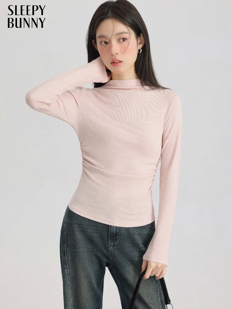 

Chic Slim Mock Neck T Shirt Stretch Knit Long Sleeve Pullover Elegant Fitted Base Layer Top Spring Casual Layering Outfit Women