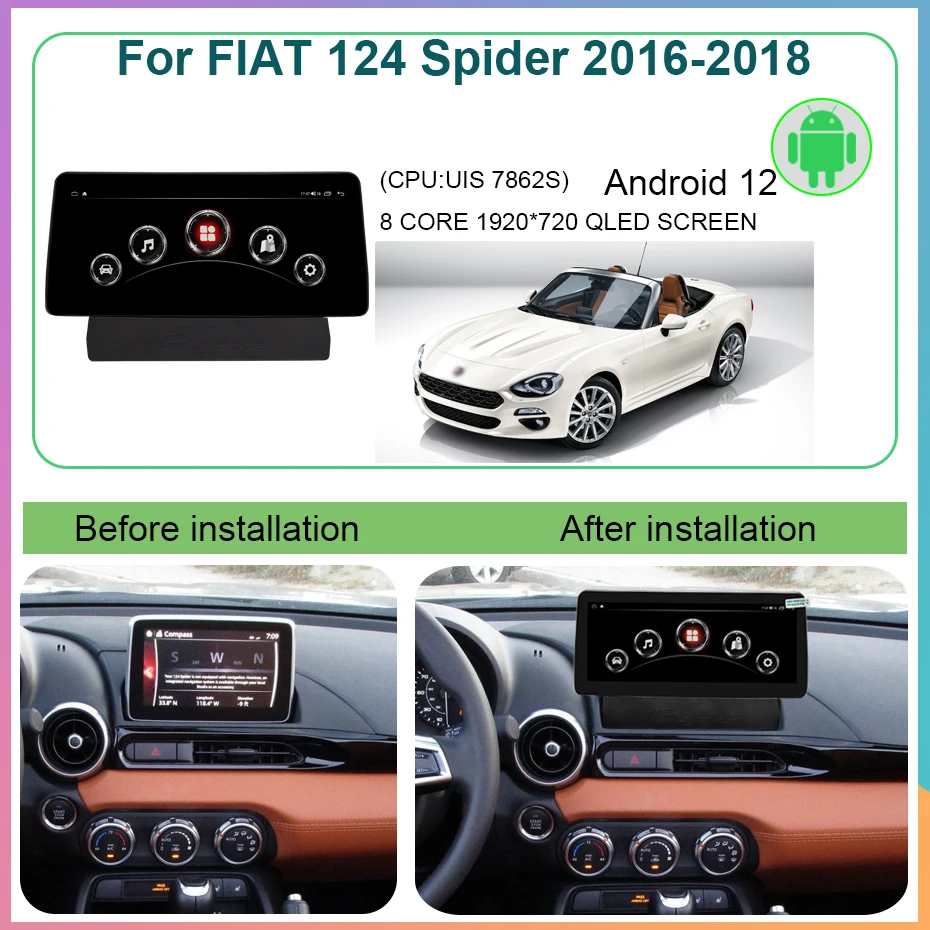 For FIAT 124 Spider 2016-2018 Android 12 Octa Core 8+256G 1920*720 Car Multimedia Player Stereo Receiver Radio Carplay WIFI 4G