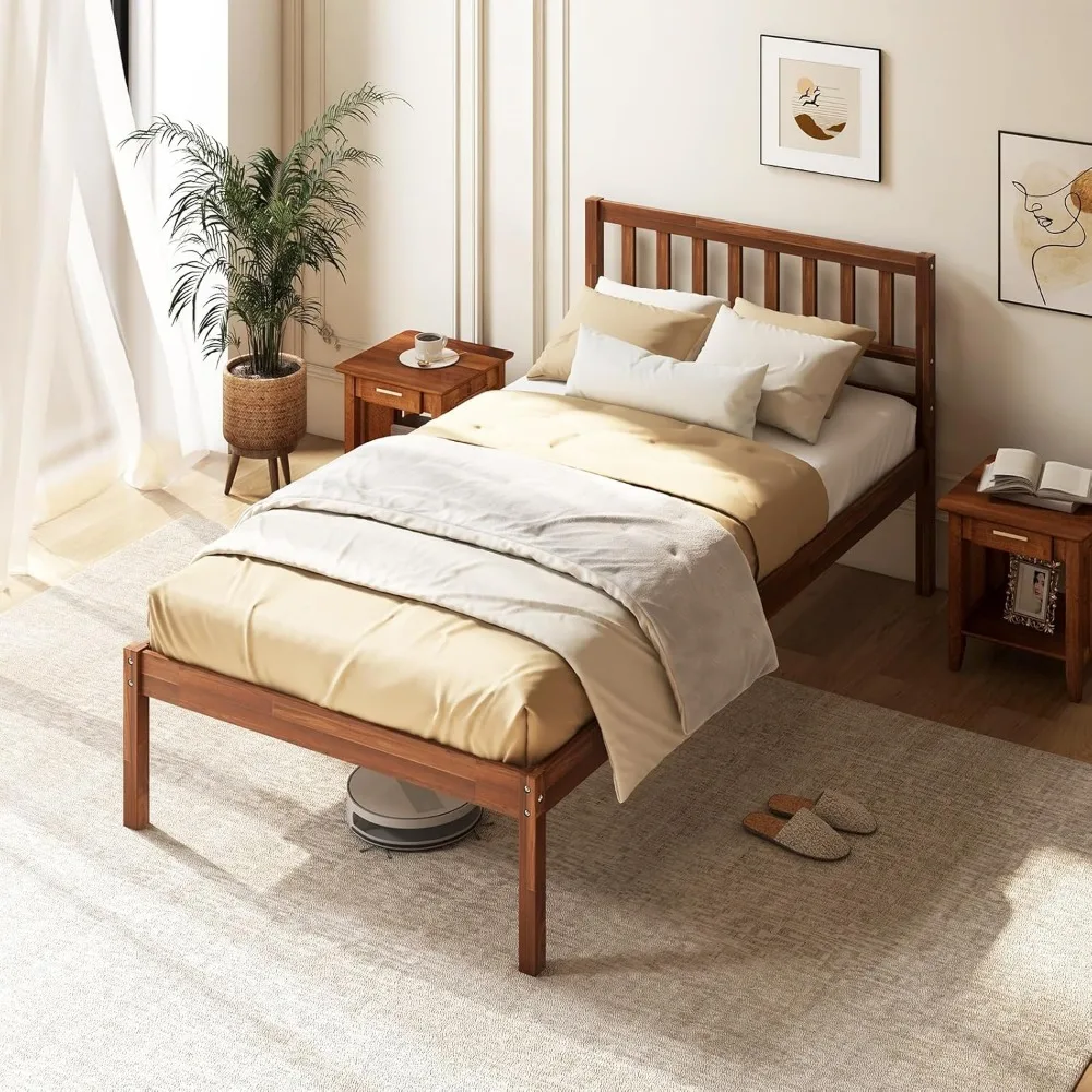 Giantex Twin Bed Frame with Headboard, Mid Century Solid Wood Platform Bed with Wood Slat Support,16