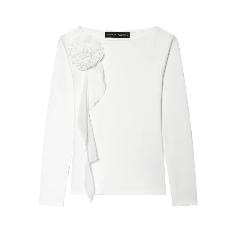 Slim Fit Long Sleeve T-Shirt One Shoulder 3D Flower Design New Autumn Women's Fashion Commute Style 100% Other Material