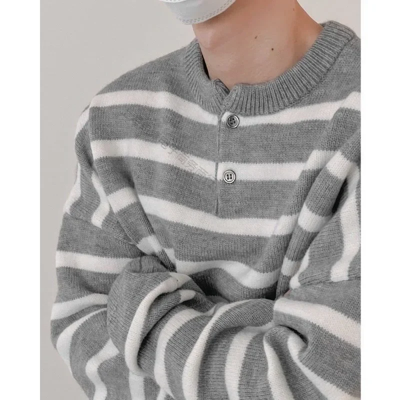 2023 Knitted Light Luxury Pullovers Sweater Men Casual Vintage Henry Collar Striped Long Sleeve Tops Streetwear Autumn