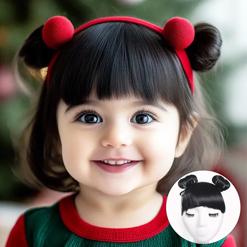 

Synthetic Wig Headband for Baby Kids Hair Bangs with Tiny Buns Hair Accessory For Full Moon Photo Christmas Festivals New Year